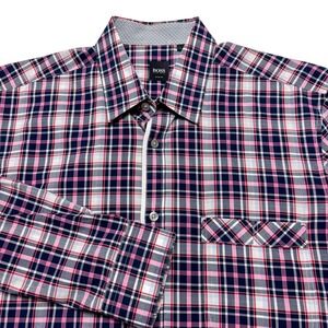 Boss Hugo Boss Shirt Mens Large Blue‎ Pink Plaid Slim Fit Button Down Casual